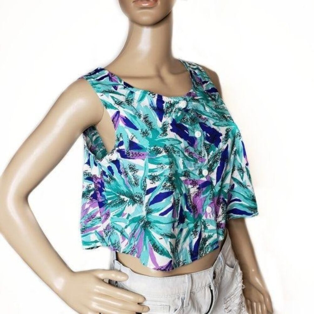 Vintage cotton retro Print Button-Up Cropped Sleeveless tank top medium 80s 90s